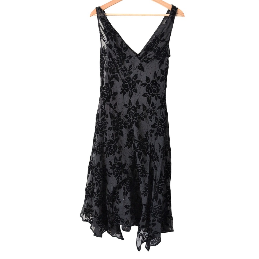 Y2K‎ Whimsigoth Black Velvet Rose Burnout Sheer Dress 6P Petite Whimsy Witchy